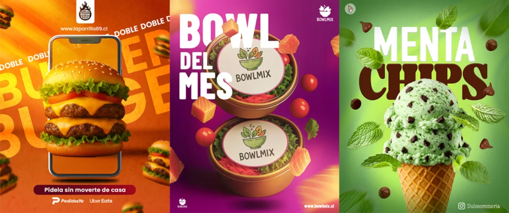 Se muestran 3 diseños gastronomicos, 1 de hamburgesa, otro de un bowls y otro de un barquillo de helado menta chisp, mostrando el trabajo de diseño grarico para restaurantes