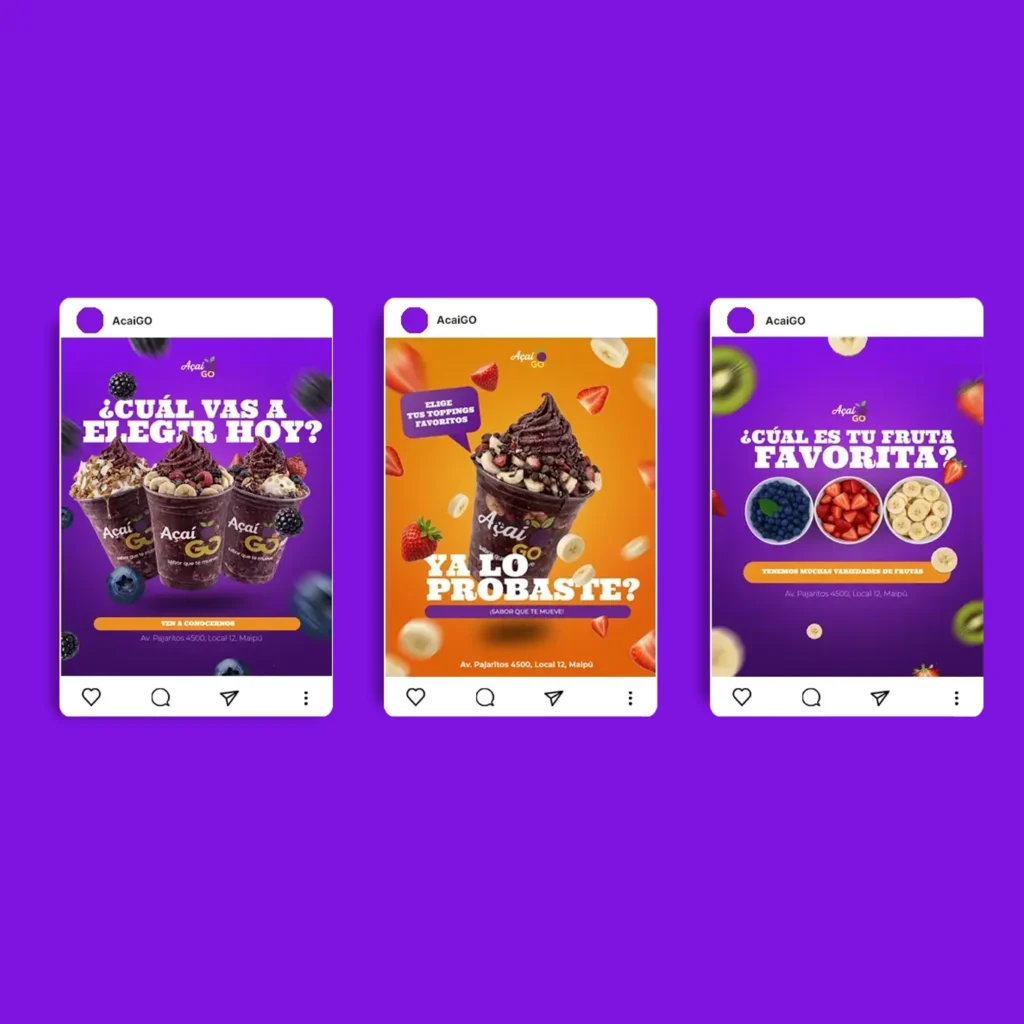 Contenido para redes sociales · Diseño de posts para Instagram de local de acai